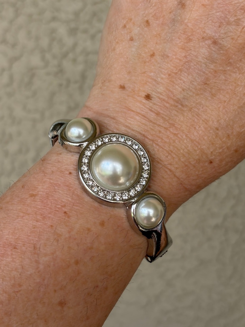 Classy Pearl Rhinestone Accent Silver-Tone Bracelet